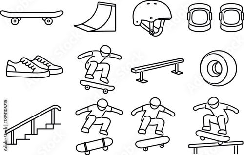 Line style vector icons of Skateboard tricks: skateboard, ramp, helmet, knee pads; sneakers, trick, rail, wheel;