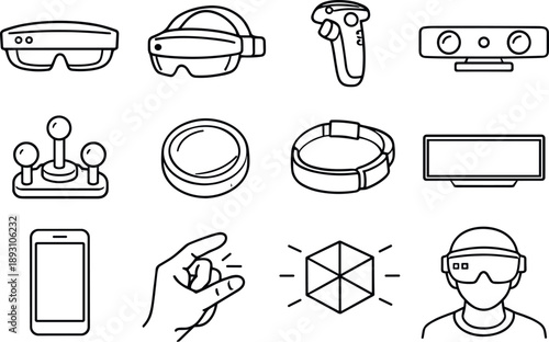 Image Generation. Line style icons of Mixed reality glasses: augmented reality glasses, headset, controller, sensor; motion