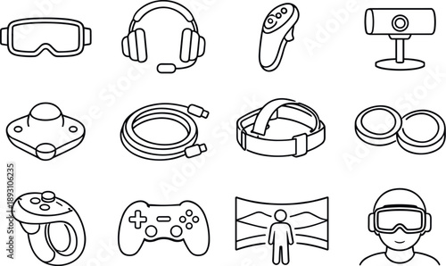 Image Generation. Line style vector icons of VR set: VR goggles, headset, controller, sensor; motion tracker, cable, strap, lens;