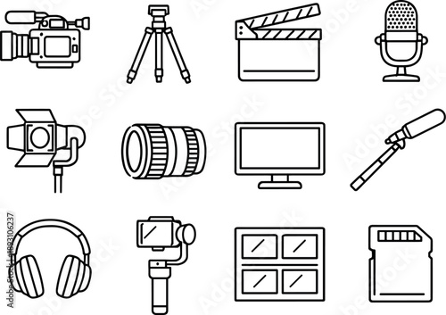 Line style icons of Film production: camera, tripod, clapperboard, microphone; lighting, lens, monitor, boom