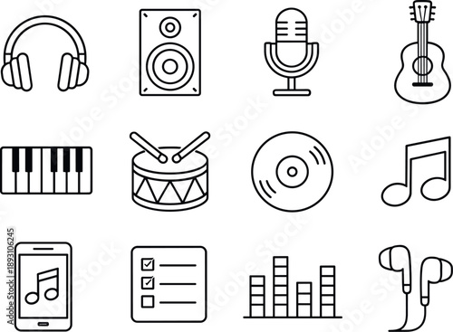  Line style of Audio playlist vector icons: headphones, speaker, microphone, guitar; piano, drum, vinyl, note;