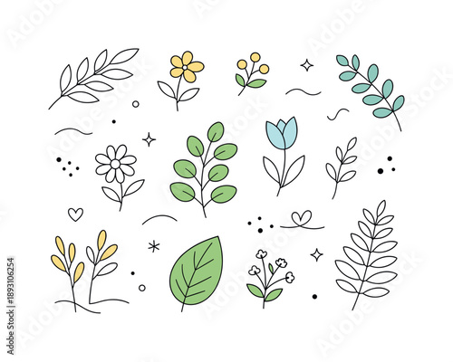 Minimalist Botanical Elegance. Botanical vector set. A clean collection of simple plants and leaves arranged with generous spacing, calm organic shapes