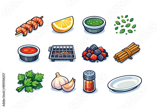 Shrimp Skewer Icons. Shrimp skewers. Colorful isometric vector icons set of shrimp skewers: grilled shrimp skewer, lemon wedge, marinade bowl, herb sprinkle,
