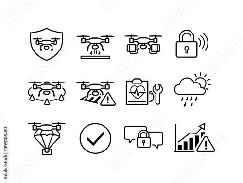 Autonomous Drone Icon Set. Autonomous drone safety systems. Line icon set of Autonomous drone safety systems: collision shield, fail safe landing, redundancy