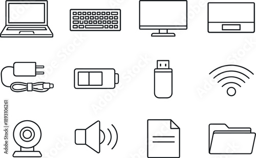 Line style vector icons of Laptop computer: laptop, keyboard, screen, touchpad; charger, battery, USB, Wi-Fi;