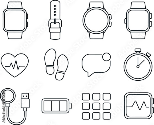 Digital Watch Icons. Line style vector icons of Digital watch: smartwatch, strap, dial, buttons; heart rate, step counter,