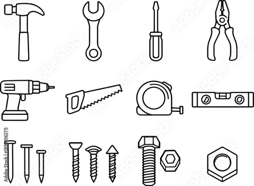 Line style vector icons of Repair tools: hammer, wrench, screwdriver, pliers; drill, saw, tape measure, level;