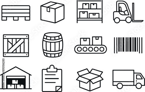 Line style vector icons of Logistics warehouse: pallet, box, shelf, forklift; crate, barrel, conveyor, barcode;