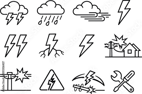  Line style vector icons of Lightning storm: electric cloud, thunder flash, heavy rain, wind gust; bolt single,