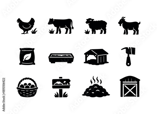 Eco Livestock Icon Set. Eco livestock care. Solid icon set of eco livestock care: free-range chicken, grass-fed cow, pasture sheep, goat icon, natural feed