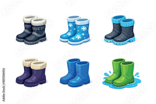 Colorful Rain Boot Icons. Seasonal rain boot vectors. Isometric flat vector icons set of Seasonal rain boot vectors: winter insulated boots, snowflake pattern