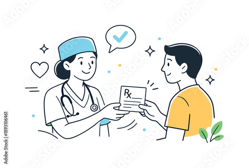 Healthcare Support Illustration. Healthcare support illustration. Doctor or nurse offering a prescription or advice card to a patient, symbolizing support and