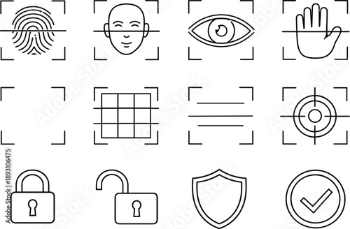 Line style vector icons of Biometric scan: fingerprint, face scan, iris scan, palm scan; scan frame, scan grid,