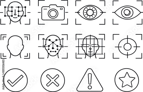 Image Generation. Line style vector icons of Facial recognition system: face id, camera scan, iris scan, eye scan; detection box,