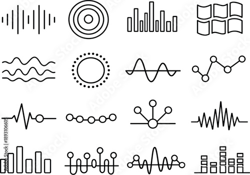 Line style vector icons of library ambience: rhythm line, pulse ring, rhythm bar, wave tile, wave stripe,
