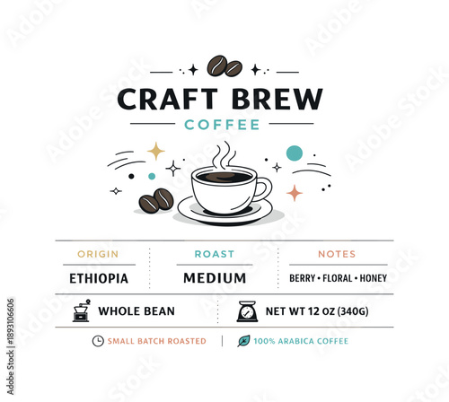 Premium Coffee Label. Coffee brand identity label. Clean coffee label with beans, cup icon, and short text blocks, showing product information in a clear
