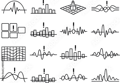 Line style vector icons of anomaly detection: pulse arc, timing bar, amplitude mesh, flow line, sync tile,