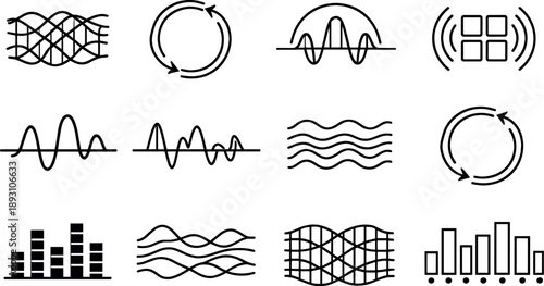 Line style vector icons of smart home control interfaces: amplitude mesh, sync ring, amplitude mesh, wave arc,