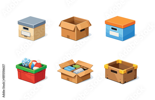 Colorful Storage Icon Grid. Storage. Isometric flat vector icons set of Storage: archive storage box, household storage carton, labeled storage box, seasonal