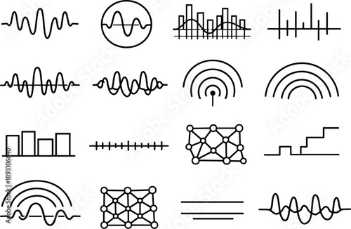 Line style vector icons of mobile app messaging interface: pattern contour, cycle contour, frequency mesh,
