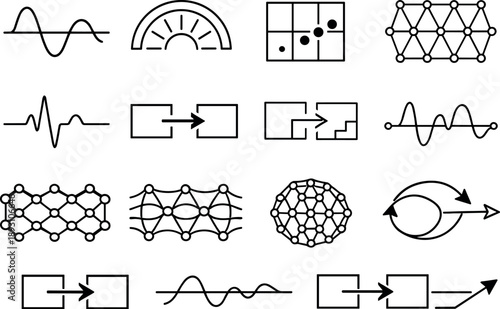 Line style vector icons of user experience research design: amplitude contour, phase arc, timing tile, variation