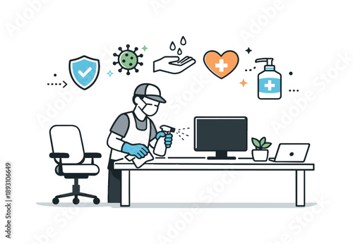 Office Sanitation Scene. Sanitized workspace. A professional cleaning or sanitizing surfaces in an office with subtle abstract safety and health icons above.