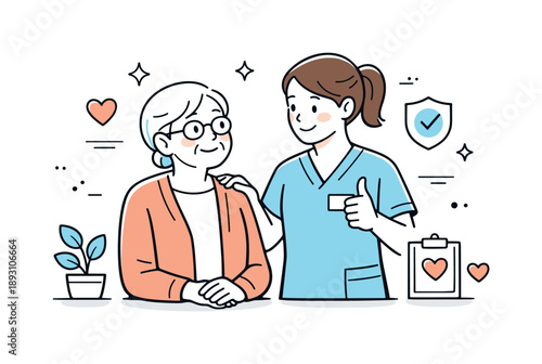 Caring Connection. Elderly care well-being. Elderly person smiling while caregiver offers reassurance with a positive gesture. Sense of safety, kindness, and