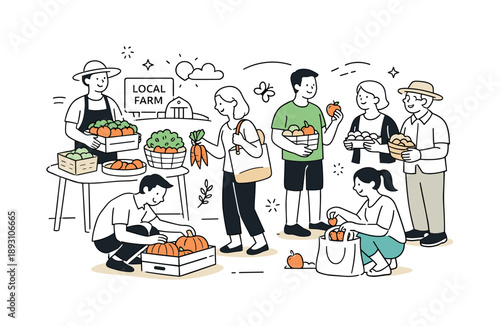 Local Food Selection. Supporting local producers. A small group of people choosing seasonal food directly from growers, relaxed gestures and open space