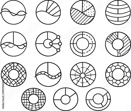 Line style vector icons of data visualization pie and donut charts: sync line, transition band, transition band,