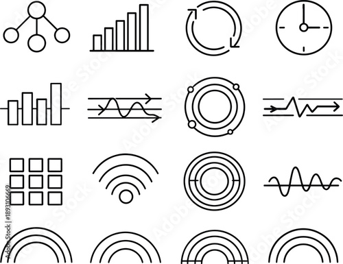 Image Generation. Line style vector icons of business management planning tools: sync node, signal band, sync band, timing node,