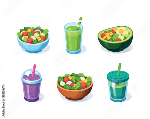 Colorful Salad and Smoothies. Salad Bowls and Smoothies. Isometric flat vector icons set of Salad Bowls and Smoothies: fresh salad bowl, smoothie glass,