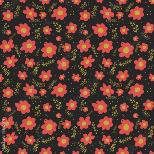 Seamless floral pattern with hand drawn red flowers on dark background