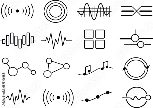 Image Generation. Line style vector icons of music audio player discovery and recommendations: propagation arc, feedback ring,