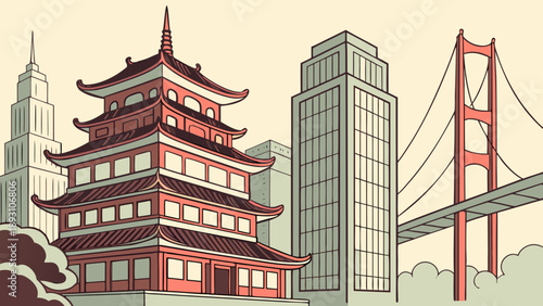 Fantastical art of shanghai skyline with pagoda skyscrapers and golden gate bridge merging suitable for travel, fantasy, and architecture designs.