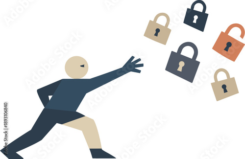 Single abstract geometric figure reaches toward multiple drifting locks showing rising tension and loss of control within online