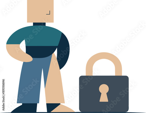 Image Generation. Calm abstract geometric figure stands beside single grounded lock reframing online privacy anxiety into