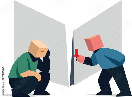 Image Generation. Second abstract geometric figure appears near narrowing walls holding small gap marker as early response to