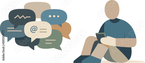 Abstract geometric human figure surrounded by overlapping speech bubble shapes expressing digital communication noise in quiet