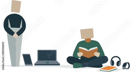 Calm abstract geometric figure stands beside one grounded device reframing multitasking student surrounded by devices into