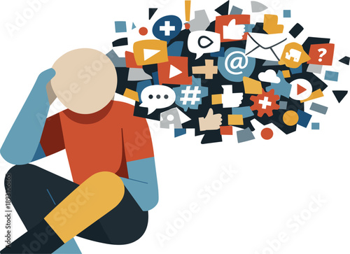 Image Generation. Abstract geometric human figure appears fragmented as symbols merge into dense abstract mass representing