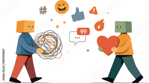 Second abstract geometric figure enters scene holding one simplified symbol as early attempt to navigate internet culture chaos