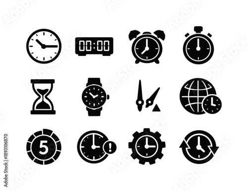 Black Clock Icons. Clock. Solid icon set of Clock: analog wall clock, digital clock display, alarm clock bell, stopwatch timer, hourglass sand, wristwatch,