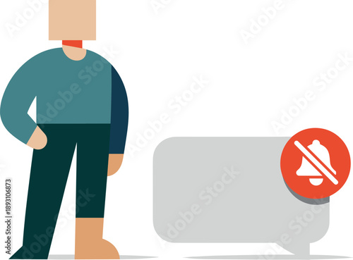 Image Generation. Calm abstract geometric figure stands beside single silenced notification block reframing smart notifications