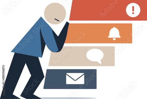 Single abstract geometric figure leans between multiple descending notification blocks conveying rising tension from smart