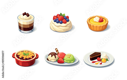 Gourmet Dessert Icons. Gourmet dessert. Isometric flat vector icons set of gourmet dessert: layered chocolate mousse, fruit pavlova, custard tart, berry