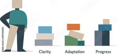 Calm abstract geometric figure stands beside neatly aligned blocks reframing digital transformation confusion in workplace into