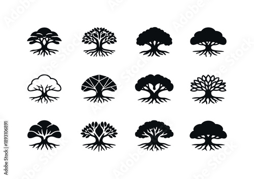 Reforestation Logo Set. Reforestation. Icon set. Set Logo of reforestation: abstract tree canopy. harmonious logo variations of the same emblematic concept,