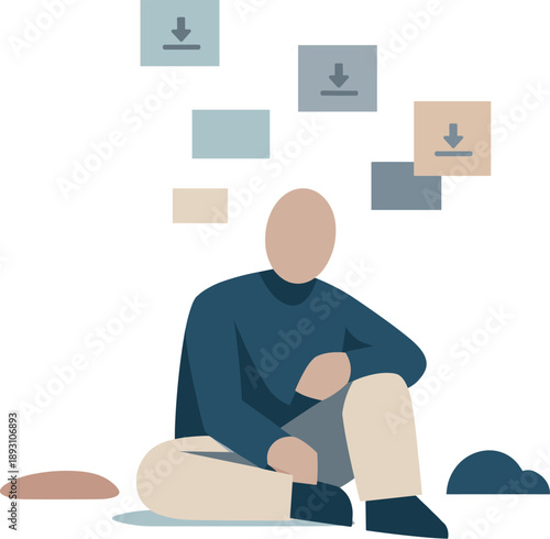 Abstract geometric human figure sits amid descending update tiles representing constant updates interrupting concentration in