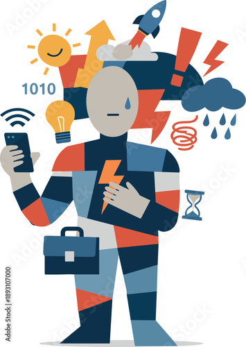 Image Generation. Abstract geometric human figure appears partially fragmented as optimistic and anxious symbols overlap body