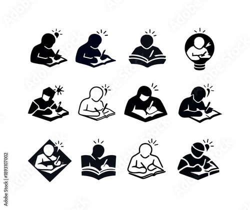 Creative Processes Icons. Inspired individuals engaged in creative processes (art, writing, music). Icon set. Set Logo of inspired individuals engaged in